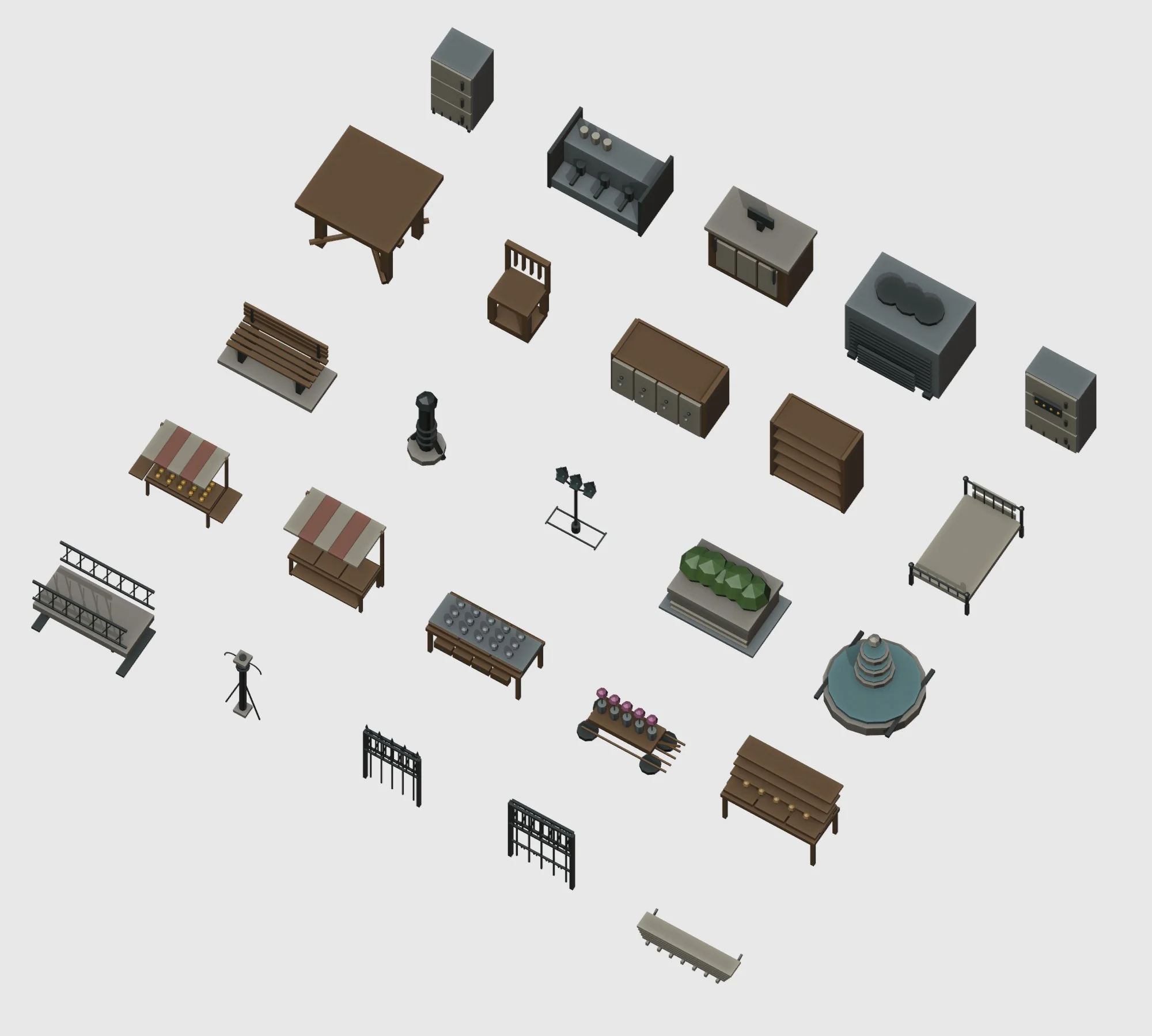 Blender render of selected street, market and interior asset designs