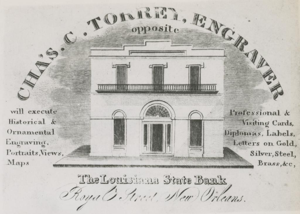1822 engraving showing the early stepped parapet of Louisiana State Bank