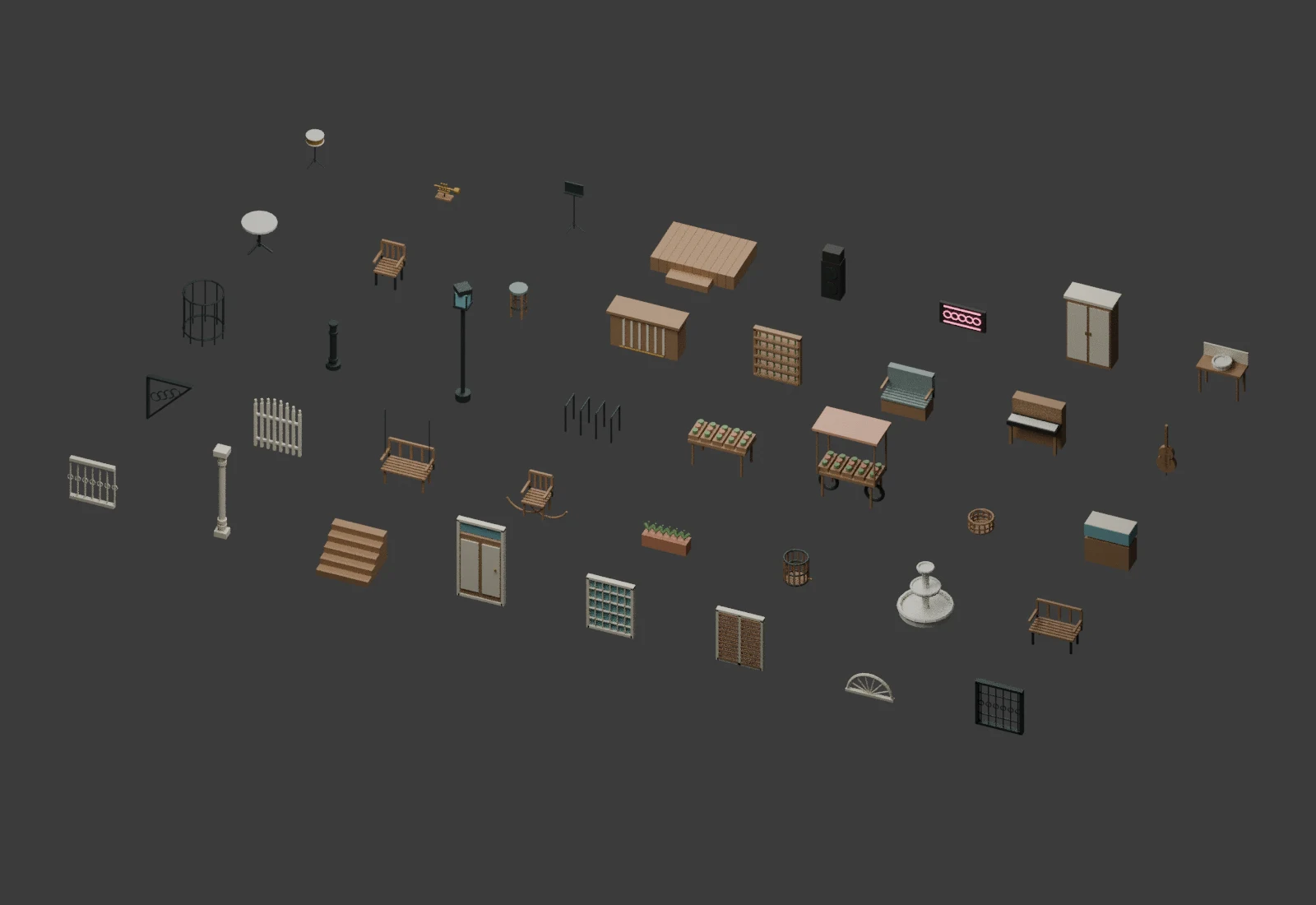 Blender render of the 40 new Marigny asset families, including shutters, porch details, market furnishings and musical instruments